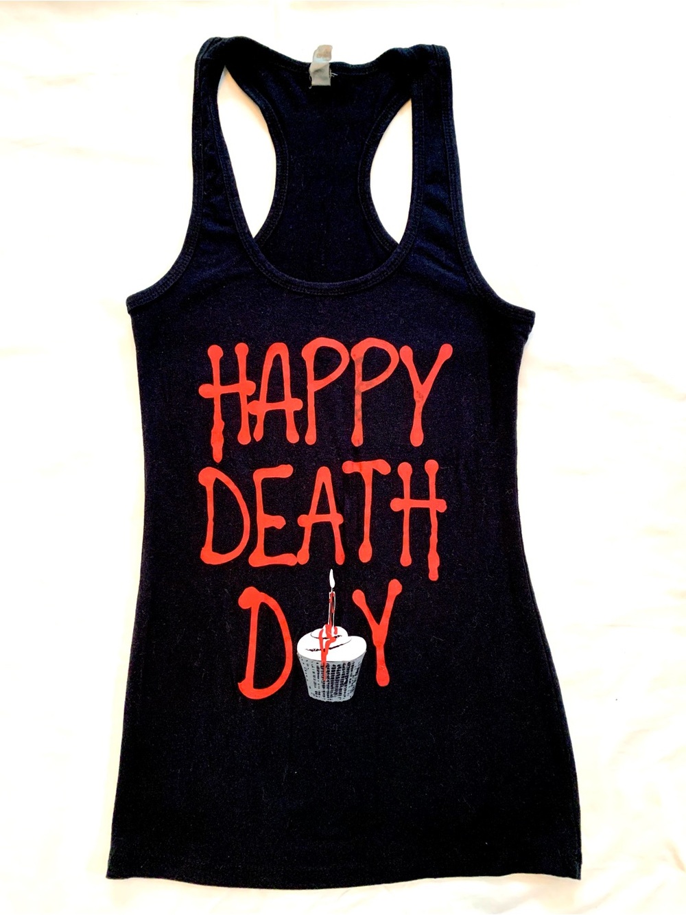 Black Graphic Racerback Tank Top "HAPPY DEATH DAY"- S